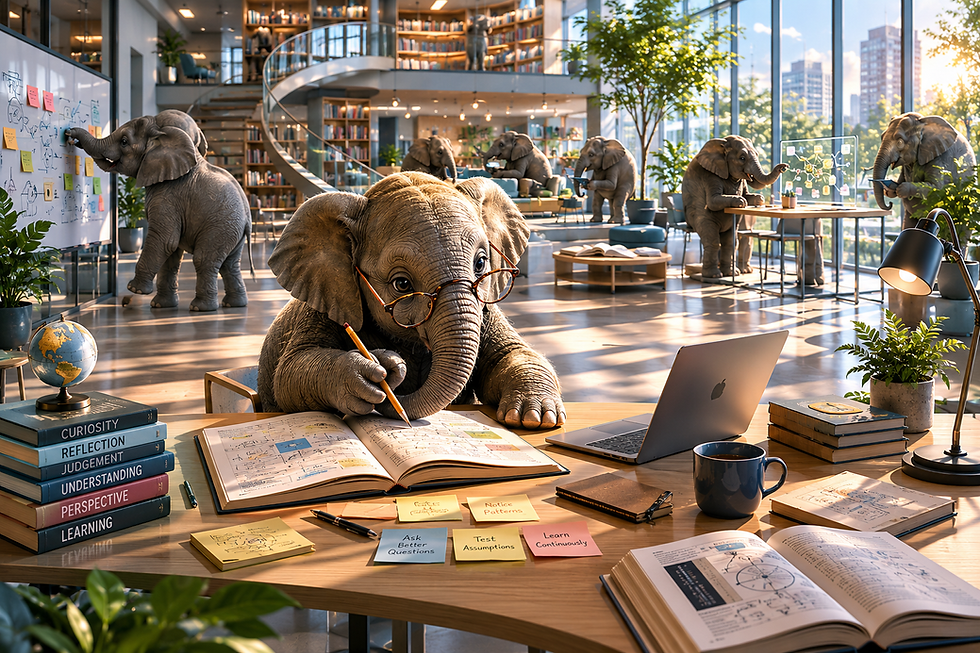 Elephants exploring books, maps, and ideas inside a bright modern library, symbolising curiosity, intentional attention, organisational learning, and self-directed development.