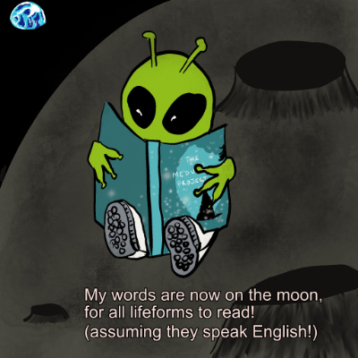 An alien reading a book on the moon