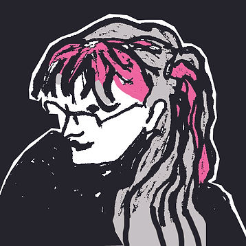 An illustration of Sam Hall by Sam Hall. A woman wearing glasses with a pink streak in her long hair.