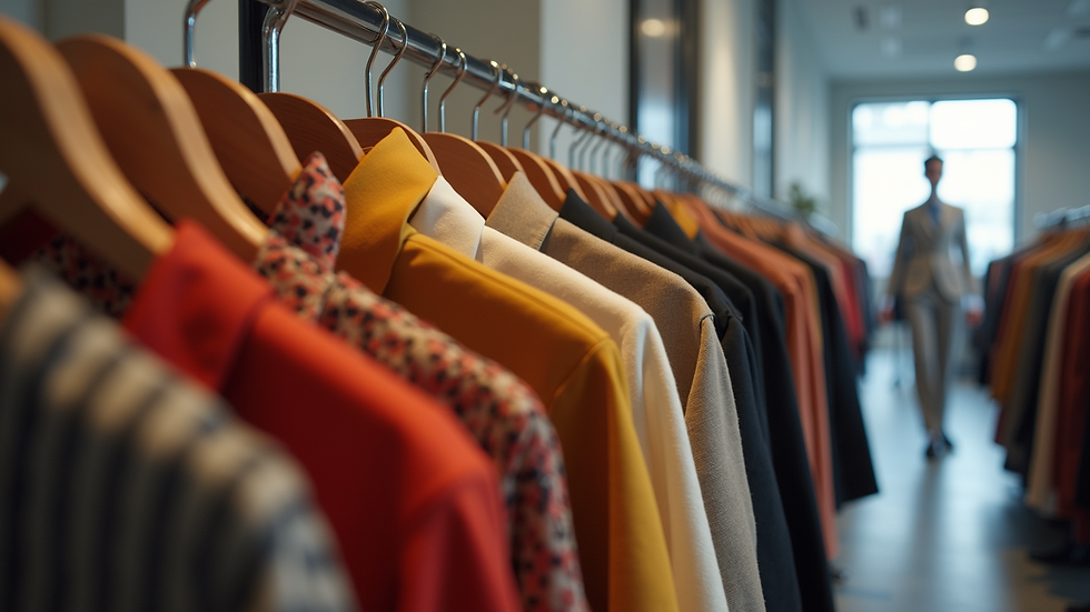Eye-level view of a stylish clothing rack displaying the latest fashion trends