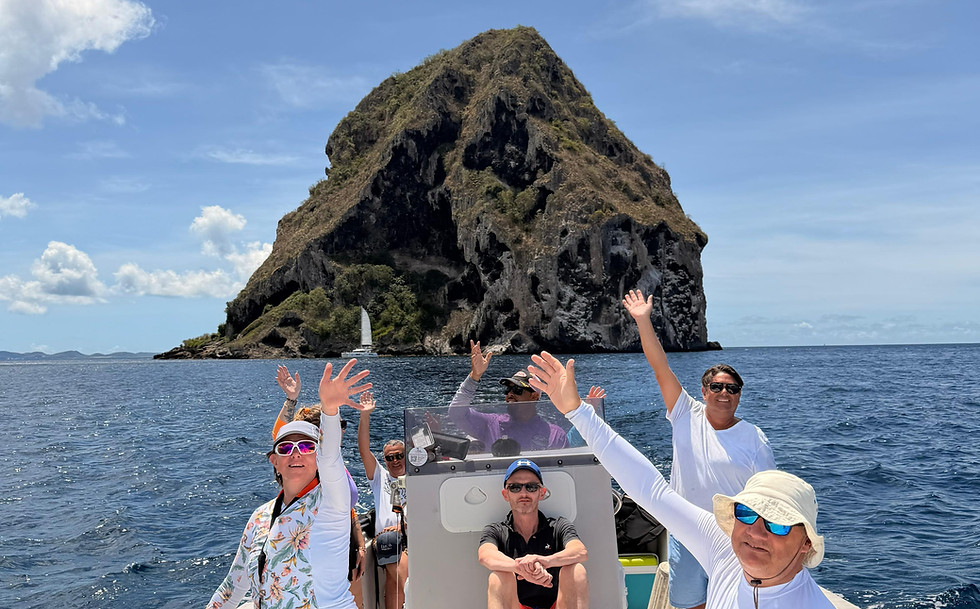 Passagers bras levés à bord du bateau, le Rocher du Diamant en arrière-plan