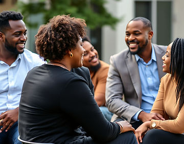 Candid image of professional-presenting Black people - men and women - sitting outside tog