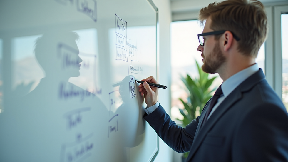 Eye-level view of a business analyst writing notes on a whiteboard
