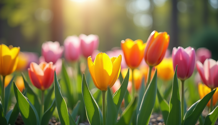Eye-level view of a fresh spring garden with blooming flowers and green plants