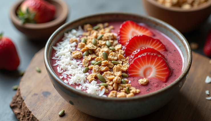 High angle view of a strawberry and spinach smoothie bowl with colorful toppings