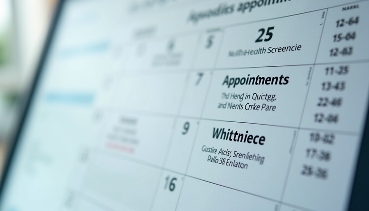 Close-up view of a calendar marked with health screening appointments