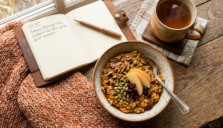 Overhead view of a blanket, journal, tea, and a bowl of baked oatmeal.