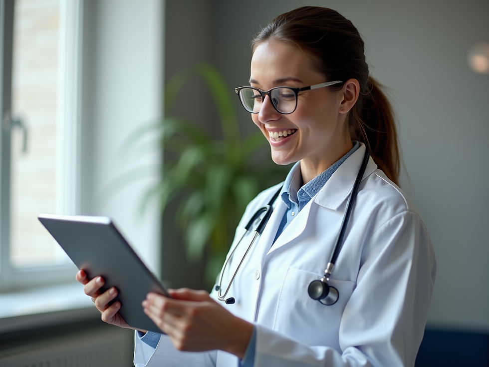 Eye-level view of a modern medical office with a doctor reviewing health charts