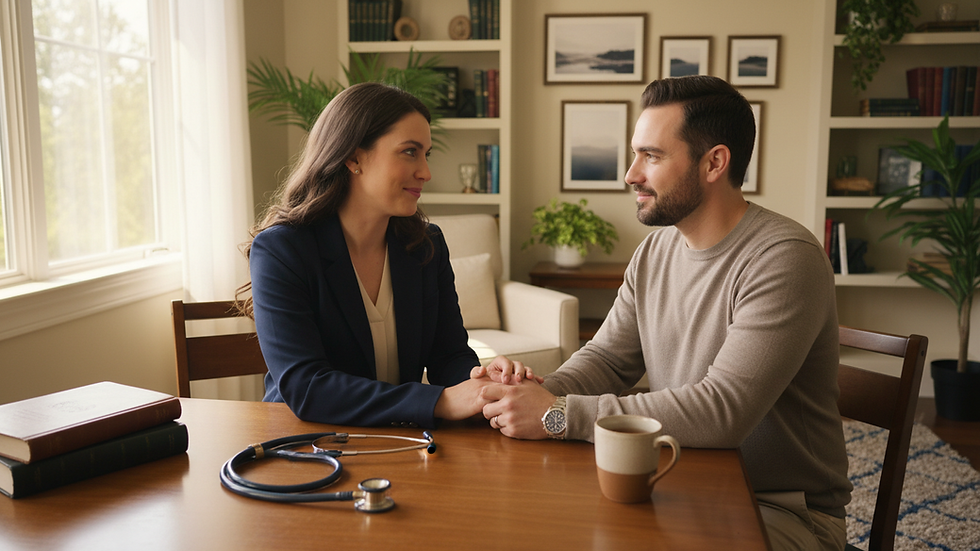 Eye-level view of a cozy medical office with a stethoscope on the desk