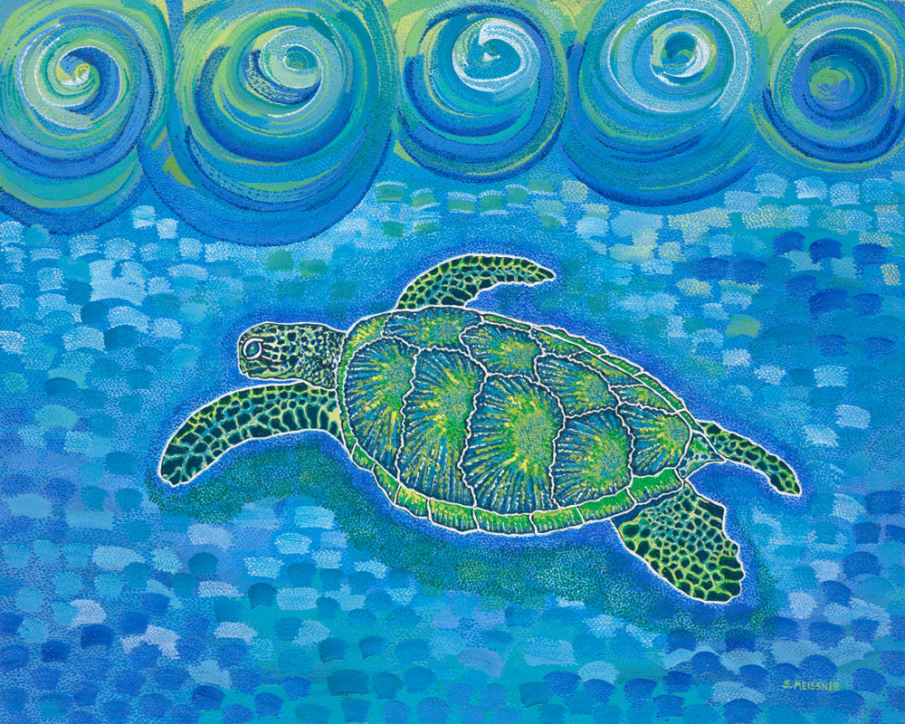 Lucky Money Sea Turtle - Reproduction Giclee Art Print On Canvas