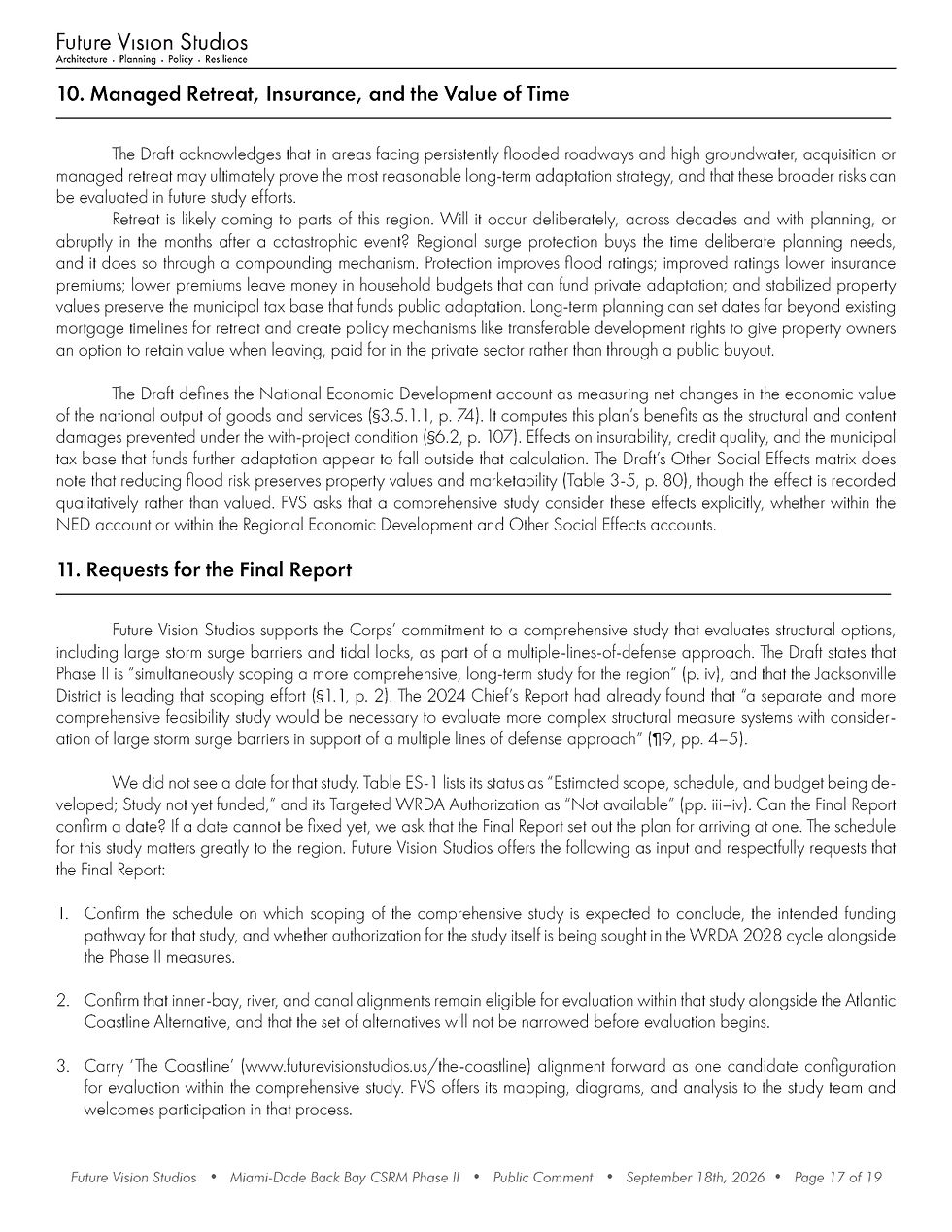 Page 17 of 19: Sections 10 and 11 on managed retreat and insurance, followed by FVS's requests for the Final Report.