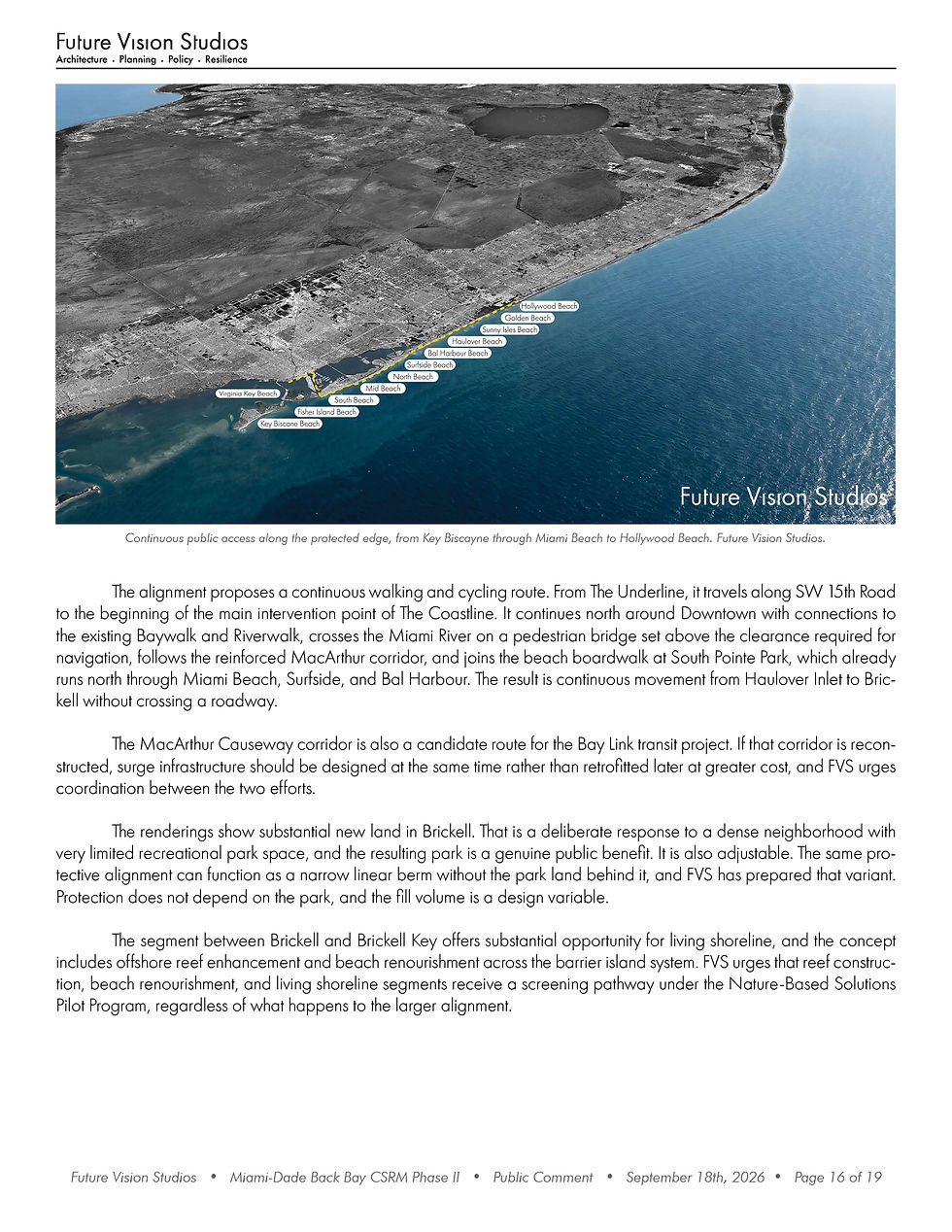 Page 16 of 19: Aerial map of continuous public access along the protected edge, from Key Biscayne to Hollywood Beach.