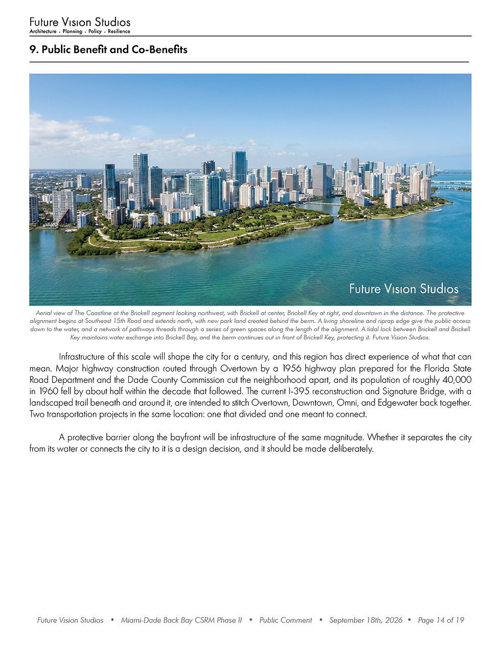 Page 14 of 19: Rendering of The Coastline at Brickell, with new parkland, a living shoreline, and a tidal lock at Brickell Key.
