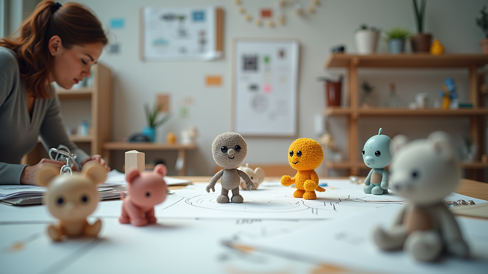Eye-level view of a modern toy design studio with prototypes and sketches