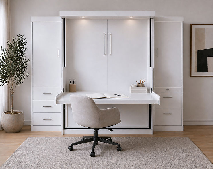Euro Vertical Murphy Desk Bed in white with wardrobes