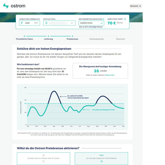 Erklärung der Strompreisbremse von Ostrom bei 35 ct/kWh. Die Möglichkeit kann bei der Anmeldung, im Bild unten, ausgewählt werden.
