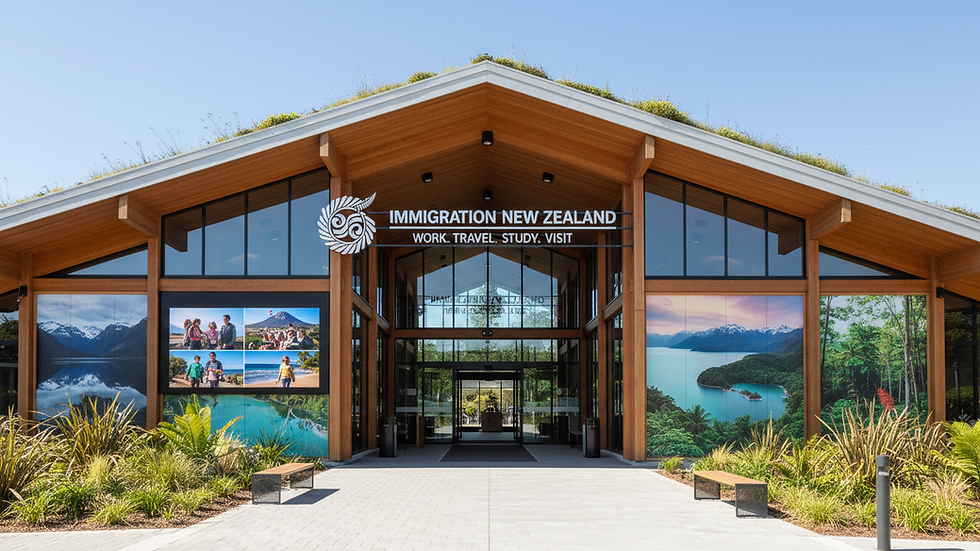 Eye-level view of New Zealand immigration office building