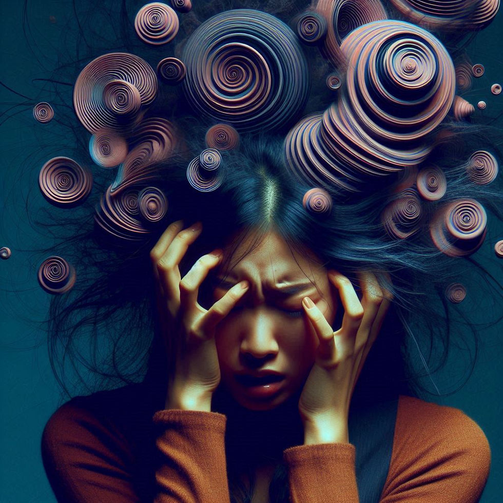 Arte visual de uma mulher em crise, vivenciando ansiedade ou desespero, com espirais em cima da sua cabeça.