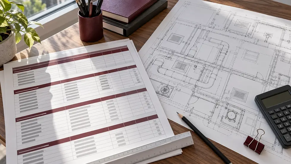 Burgundy-accented comparison schedule beside a mechanical-services drawing, pencil, ruler and calculator on an engineer’s desk.