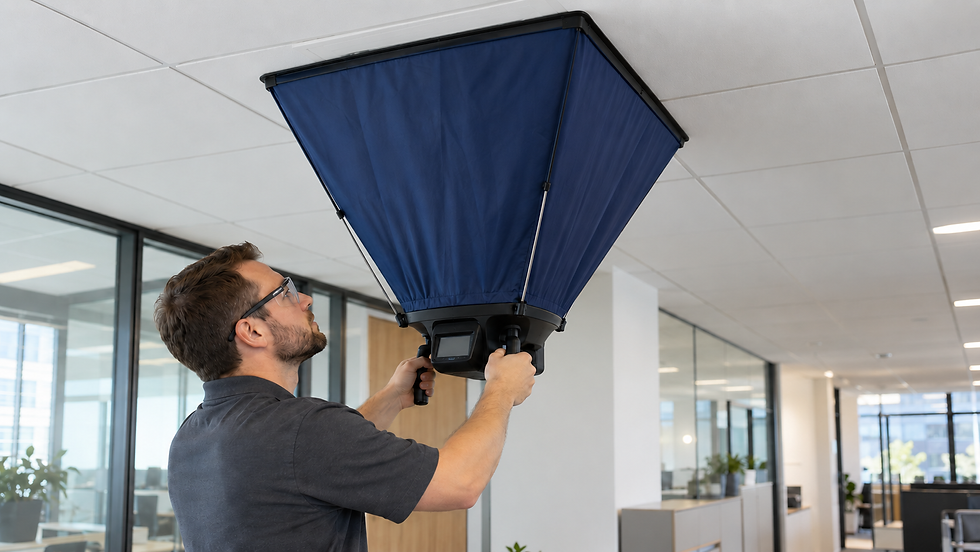 AI-generated view of an airflow-balancing technician using a fabric capture hood at a ceiling diffuser.