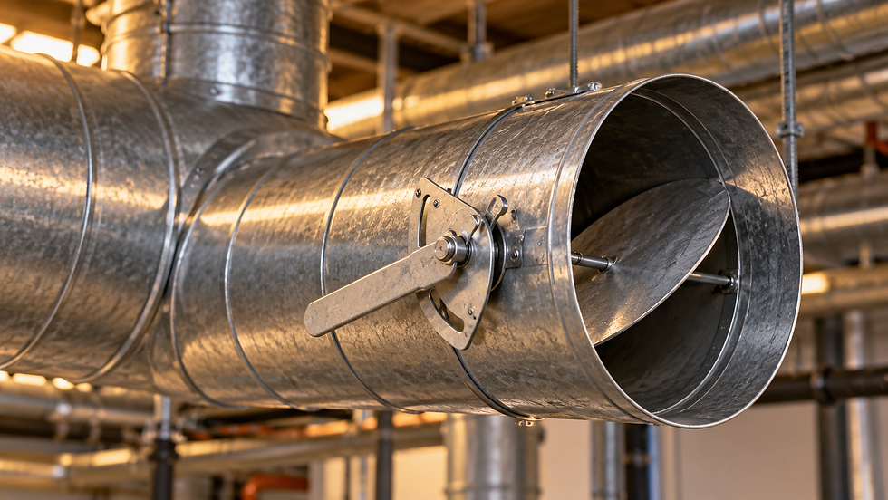 Illustration: Manual balancing damper and locking quadrant on a round branch duct.