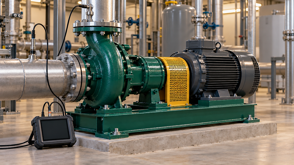 Illustration: Hydronic circulation pump and motor beside a portable commissioning meter.
