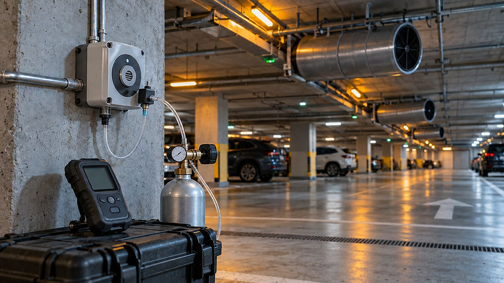 AI-generated editorial illustration of gas-sensor calibration equipment in an underground carpark with ceiling-mounted ventilation fans.