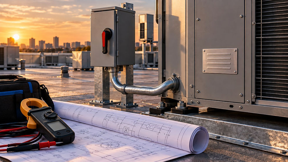 AI-generated editorial illustration of HVAC equipment, an unlabelled nameplate, a closed disconnect, clamp meter, and coordination plans.
