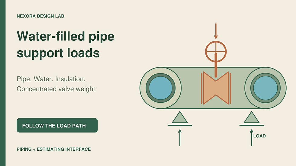 Pipe support-load cover with an original cutaway of insulated water-filled steel pipe, a valve assembly and two schematic support symbols.