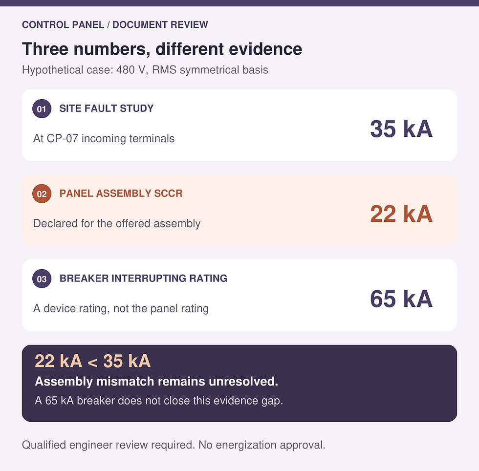 Document-review example at 480 volts: site fault study thirty-five kiloamperes, offered panel assembly SCCR twenty-two kiloamperes, and incoming breaker interrupting rating sixty-five kiloamperes. The assembly mismatch remains unresolved.