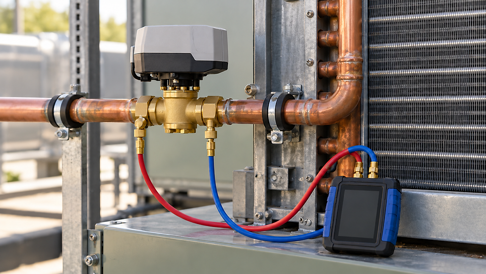 Illustration: Motorized two-way hydronic control valve beside an air coil and differential-pressure measurement hoses.