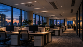 AI-generated view of an empty office at dusk with ceiling ventilation diffusers.
