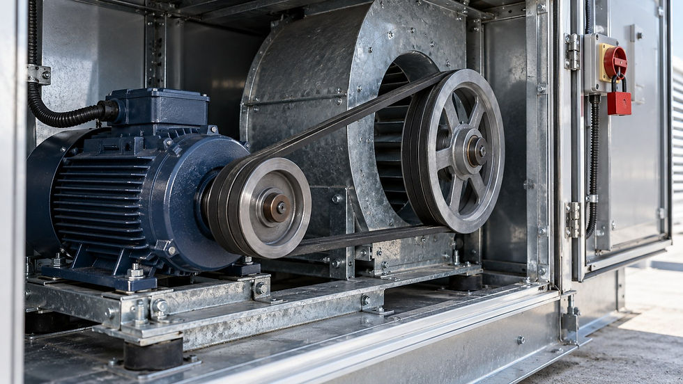 Illustration of a locked-out air handling unit motor, belts and pulleys.