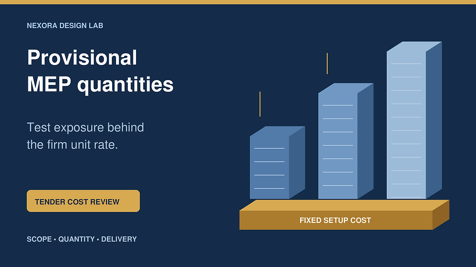 Provisional MEP quantities cover showing three different quantity blocks above a fixed setup cost foundation.