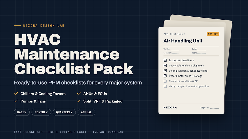HVAC Maintenance Checklist Pack by Nexora Design Lab - PPM checklists for chillers, AHUs, FCUs, pumps, fans and VRF systems
