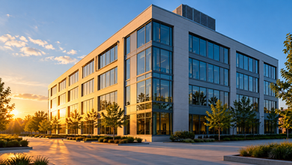 Illustration: Commercial building with one facade in sunlight and the adjoining facade in shade.