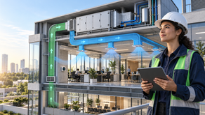 HVAC engineer reviewing a cutaway commercial building with air-handling unit, supply ducts and return-air path