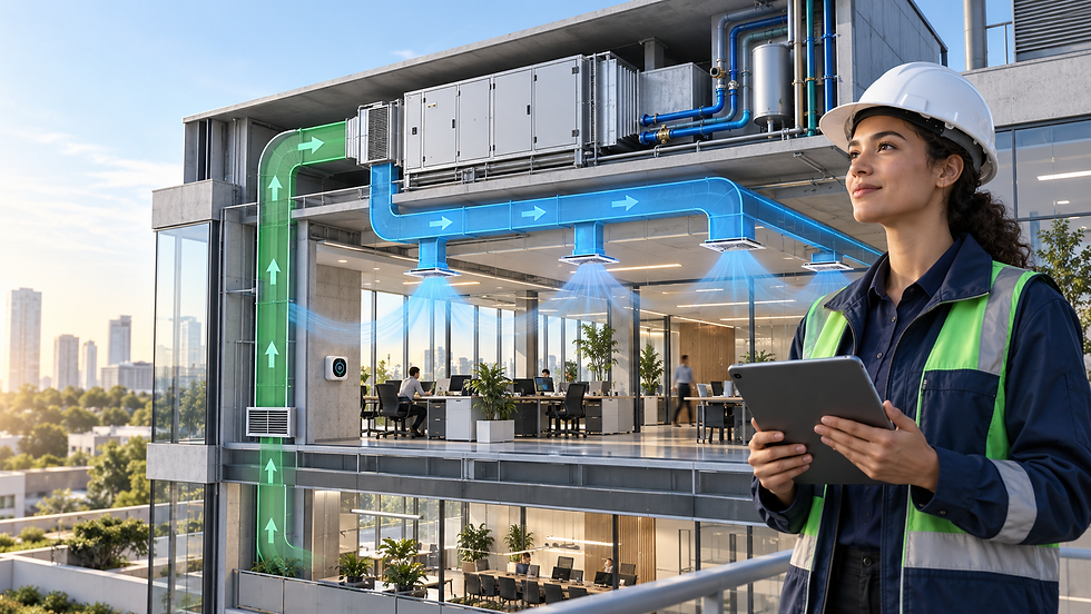 HVAC engineer reviewing a cutaway commercial building with air-handling unit, supply ducts and return-air path