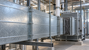 AI-generated close view of rectangular galvanized ductwork, supports and a flexible connector.