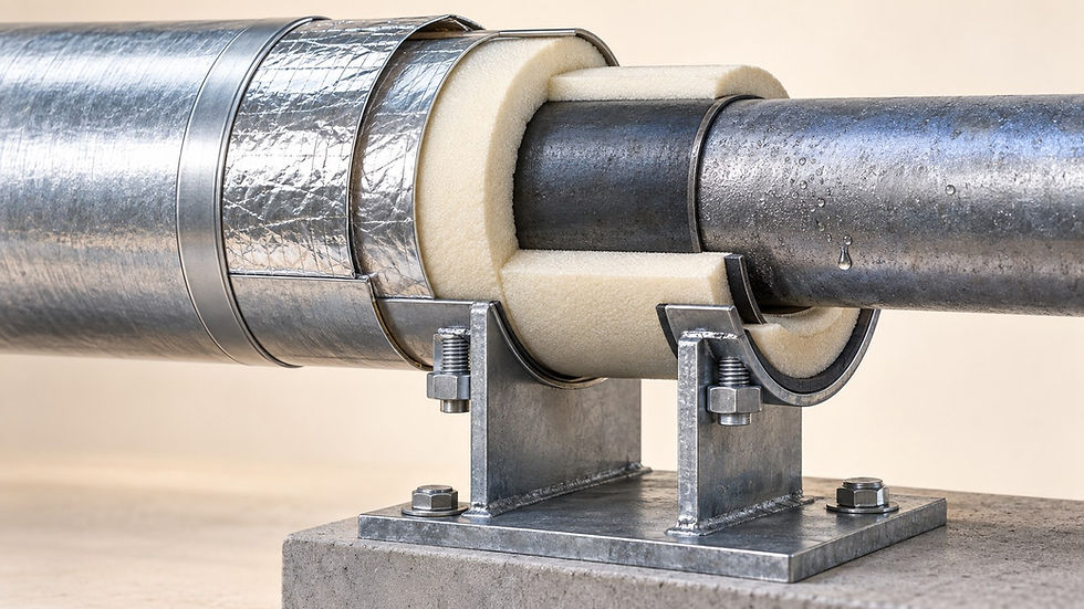 AI-generated editorial illustration showing pipe insulation and vapor-barrier layers at a support, with condensation on exposed metal.