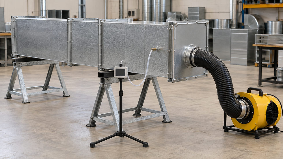 AI-generated editorial illustration of a sealed rectangular duct specimen, portable blower and pressure instrument in a testing workshop.
