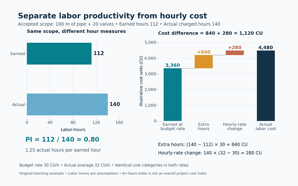 The same accepted installation earns 112 budget hours and consumes 140 actual hours, giving an hours productivity index of 0.80. A cost waterfall starts at 3,360 cost units, adds 840 for extra hours and 280 for a higher hourly rate, and reaches an actual cost of 4,480 cost units.