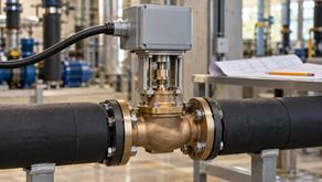 AI-generated editorial illustration of a chilled-water control valve and electric linear actuator between insulated pipes.