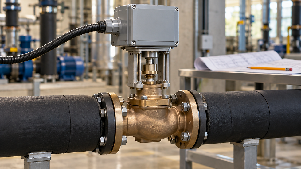 AI-generated editorial illustration of a chilled-water control valve and electric linear actuator between insulated pipes.