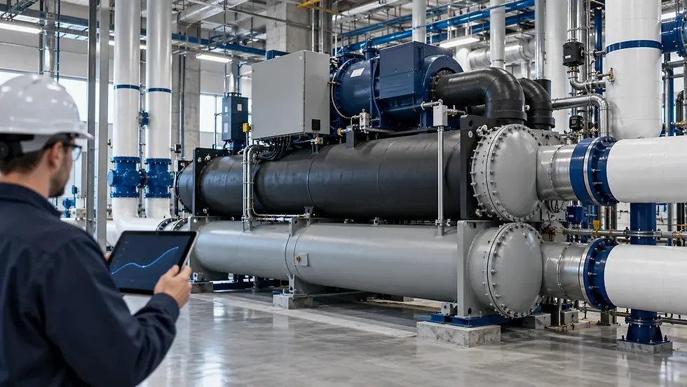 Engineer holding a tablet with an unlabeled trend line beside an enclosed water-cooled chiller and insulated piping.