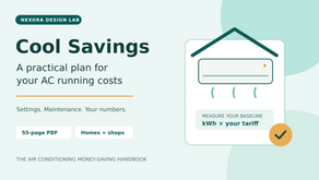 Cool Savings handbook: a practical plan for AC running costs, with an air-conditioner illustration and kWh times tariff calculation.