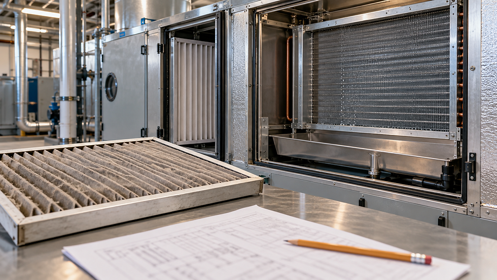 AI-generated editorial illustration of a dusty pleated filter and selection paperwork beside an open AHU cooling-coil compartment.