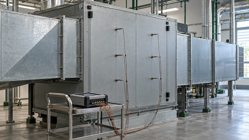 AI-generated editorial illustration of six temperature probe connections and a portable logger at an AHU mixing section.