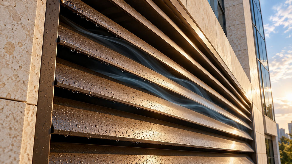 AI-generated editorial illustration of a bronze intake louver on a stone facade, showing blade geometry, rain droplets, and airflow.