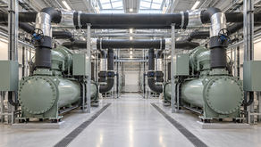 Illustration of two chillers connected to insulated plantroom manifolds.